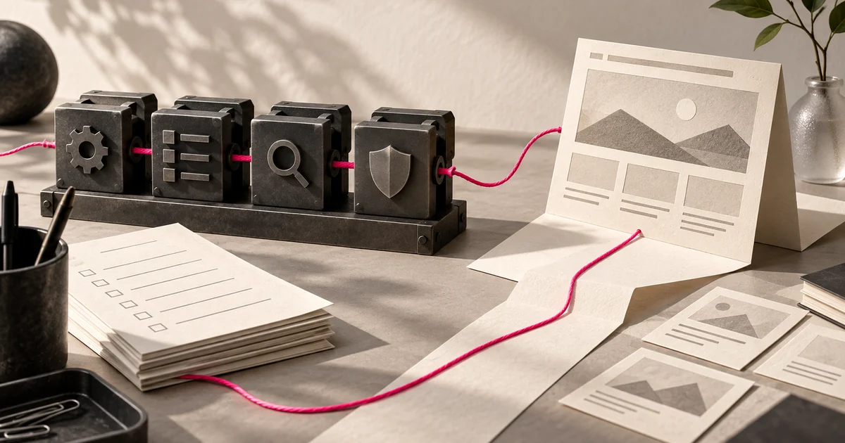 Editorial illustration of security check modules connected to a paper website plan by a pink thread.