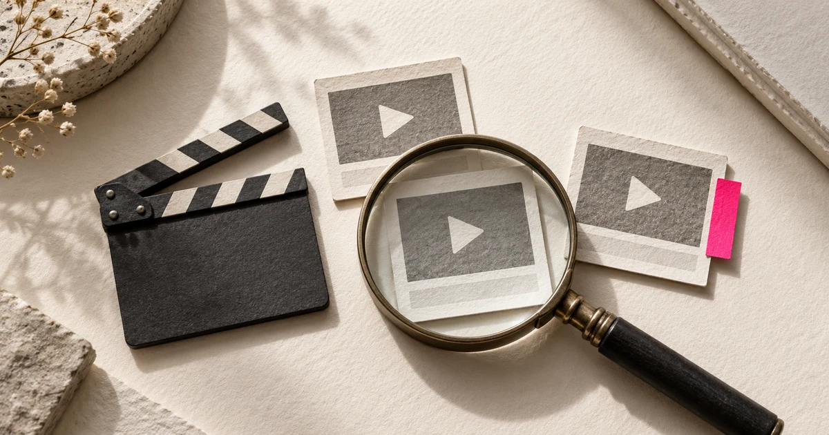 A charcoal clapperboard and paper video frames, with a magnifying glass and one pink tab.