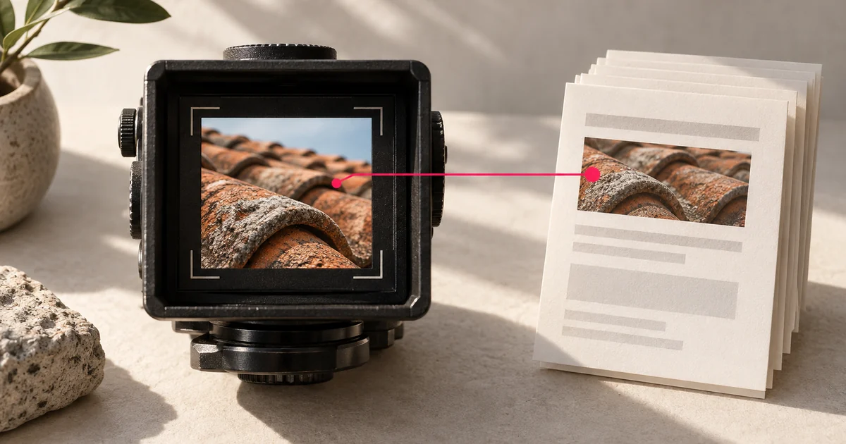 Editorial illustration of a roof image in a camera viewfinder linked to a web page.
