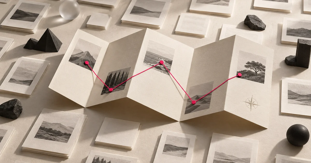 Editorial illustration of selected paper pages connected by a pink route across a folded map.
