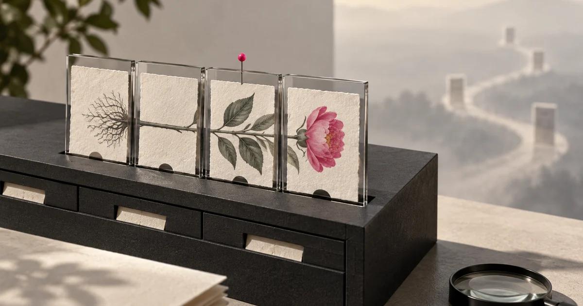 Editorial illustration of four linked paper records arranged in glass holders.