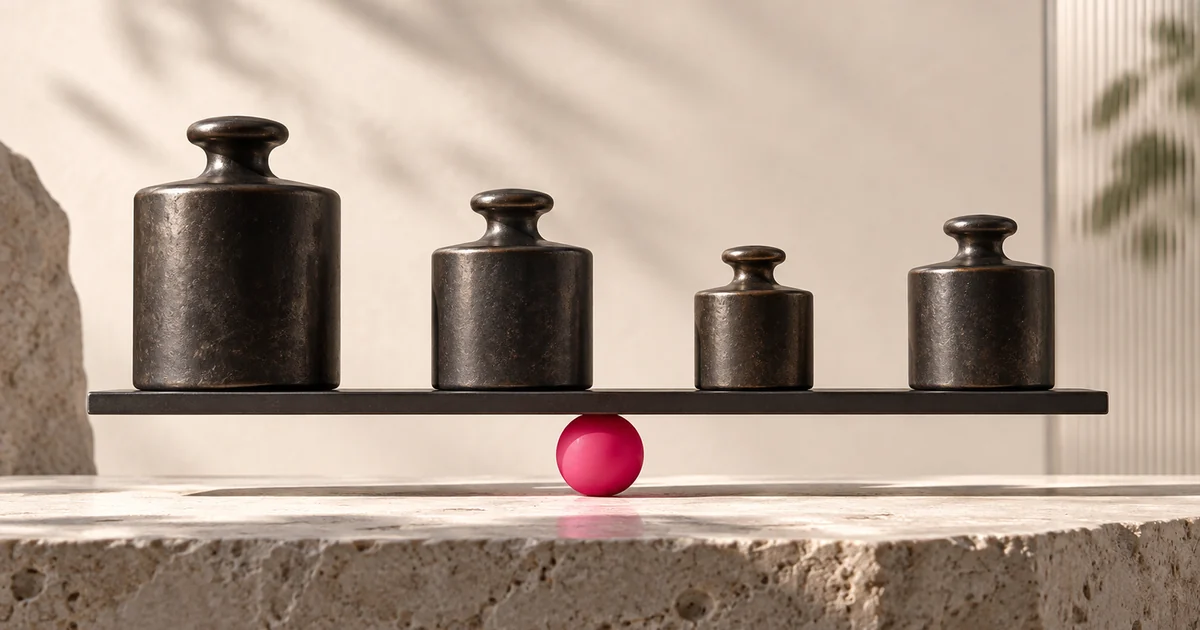 Editorial illustration of four differently sized weights balanced on a beam with a pink fulcrum.
