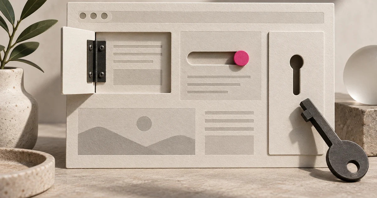 Editorial illustration of a physical web page with a hinge, slider and tool key.