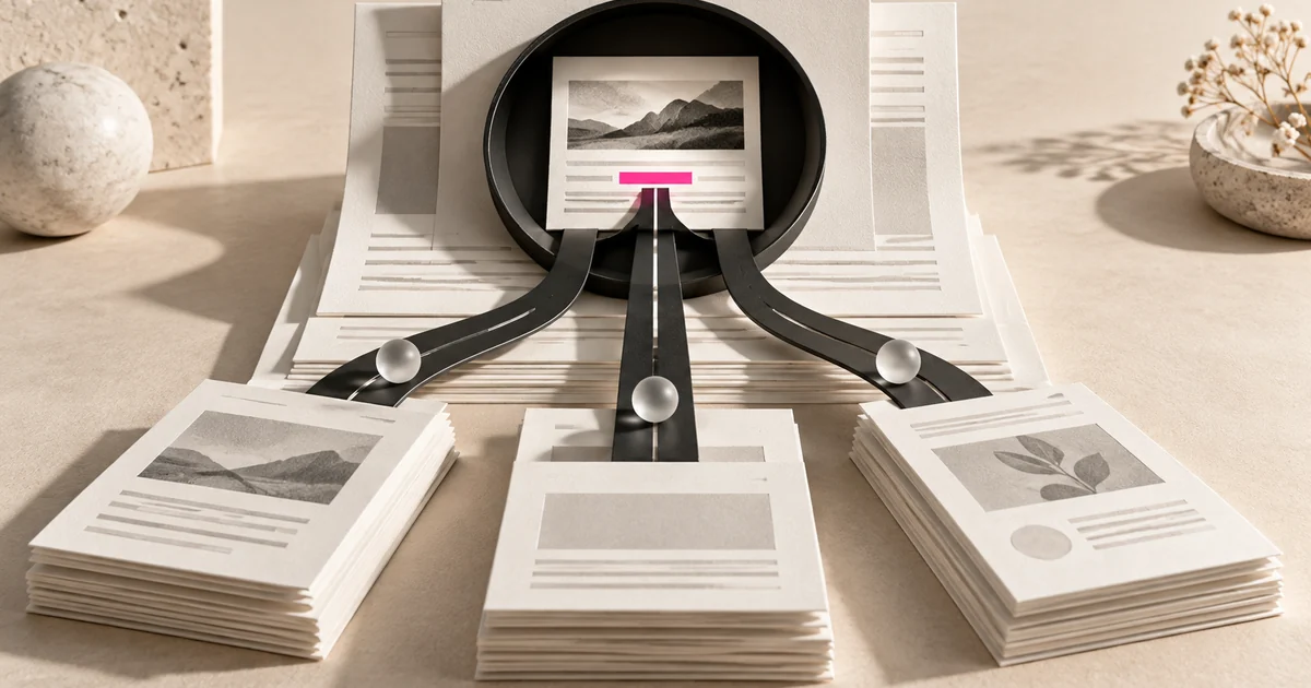Editorial illustration of three reading routes leading into layered web pages.